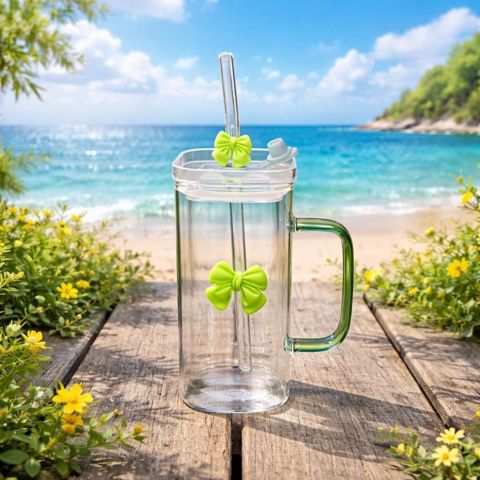 Borucuqlu stəkan NP17, qapaqla, şüşə, şəffaf/yaşıl, 300 ml — Bakı