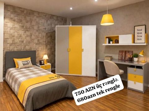 Gənc otağı mebel dəsti Variant 1: - Rəng: ağ–sarı–boz kombinə — Digah