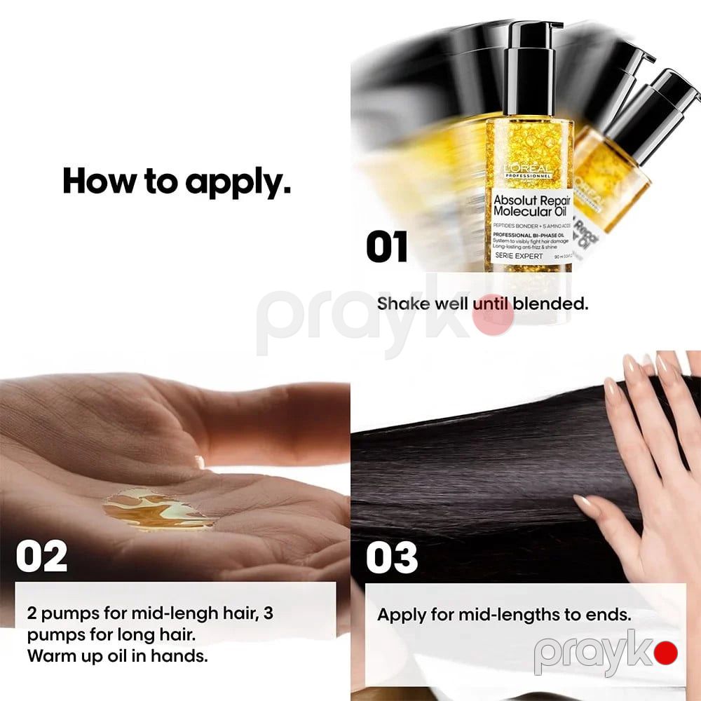 Saçlar üçün yağ L'Oreal Professionnel Absolut Repair Molecular Bi-Phase Oil, 90 ml, zədələnmiş və quru saçlar üçün intensiv bərpaedici - 3474637292454 — Mallar, Bakı (3)