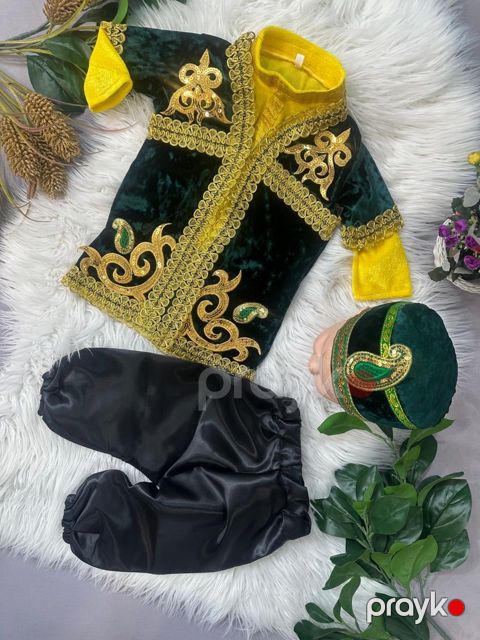 Oğlanlar üçün milli geyim dəsti OP-579, velvet, yaşıl, 1-2 yaş — Bakı