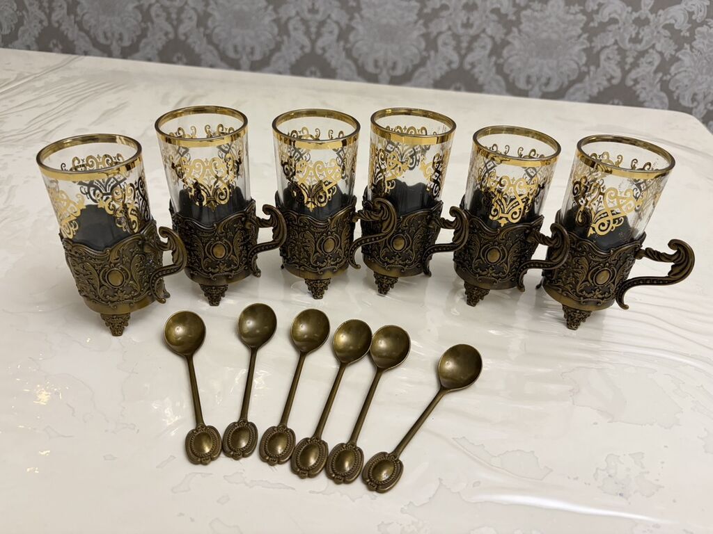 Çay dəsti, rəng - Qızılı, Şüşə, 6 nəfərlik — Süfrə qabı, Xırdalan (2)