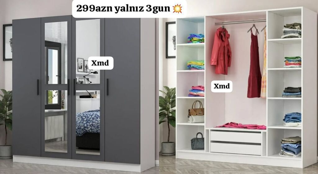 4 qapılı geyim dolabı - Ön tərəfdə 2 ədəd tam boy güzgülü qapı — Şkaflar, Sumqayıt