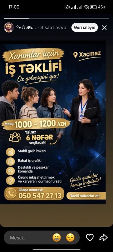 Xanımlar üçün iş təklifi – Xaçmaz Maaş: 1000–1200 AZN Yalnız 6 nəfər — Xaçmaz