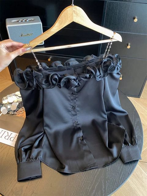 Uzunqol bluz 12540 qadınlar üçün, qara, ipək, satin, ölçü One size — Bakı