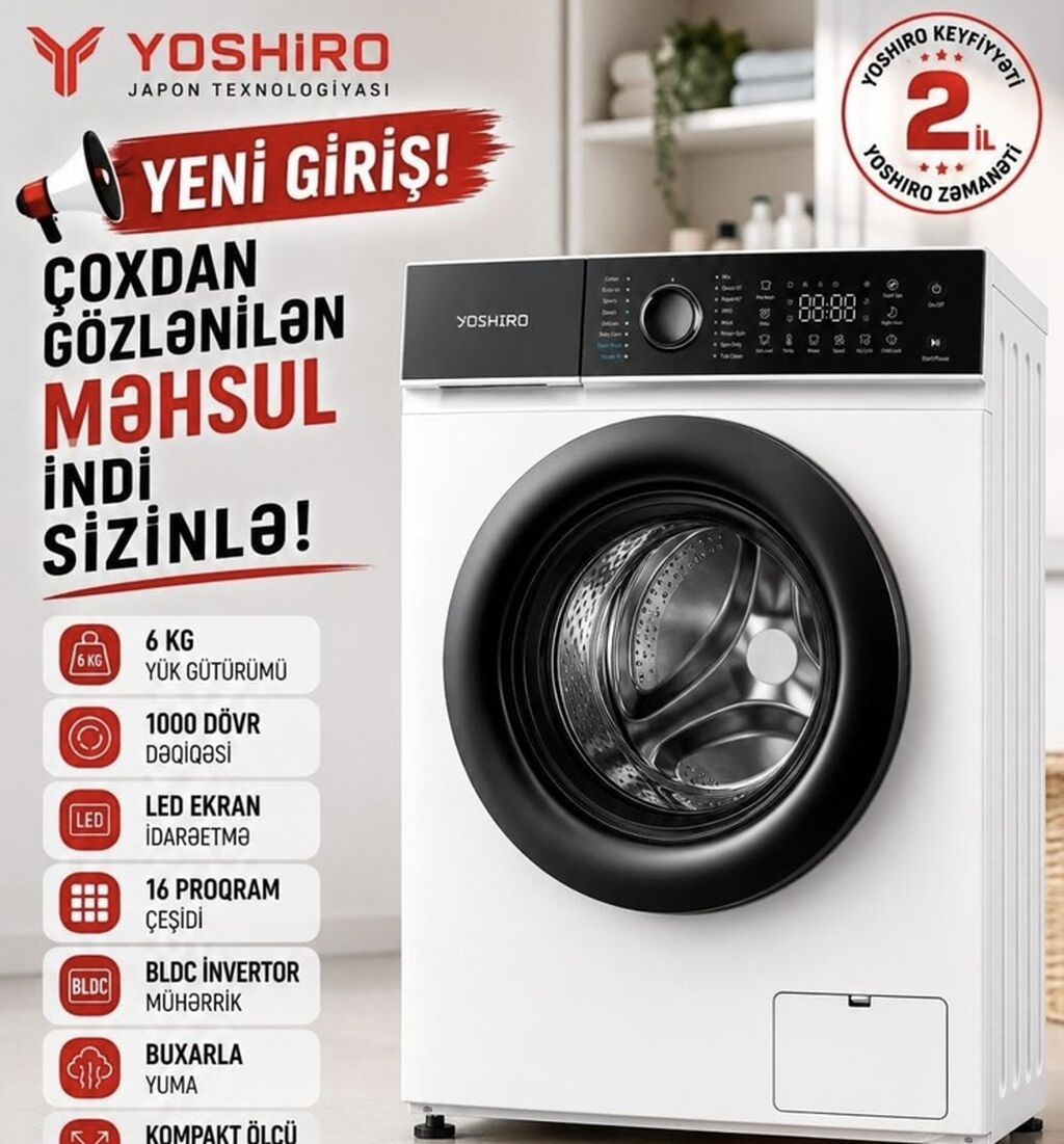 Yoshıro paltaryuyan maşın – Yaponiya texnologiyası - Yük tutumu: 6 kq — Çamaşır maşınları, Bakı