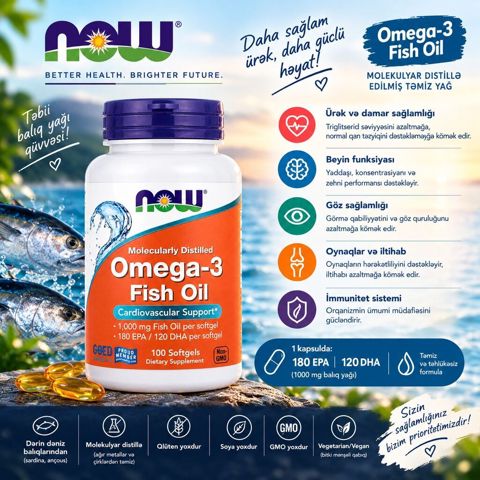 NOW Omega-3 Fish Oil – Molekulyar distillə edilmiş təmiz balıq yağı — Bakı