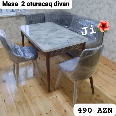 Mətbəx/qonaq otağı üçün dəst: - Masa: mərmər naxışlı üst səth, bərk — Tables and chairs