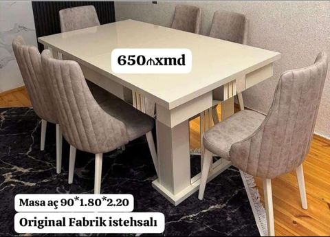 Açılan yemək masası və 6 ədəd stul dəsti. Xüsusiyyətlər: - Masa — Tables and chairs