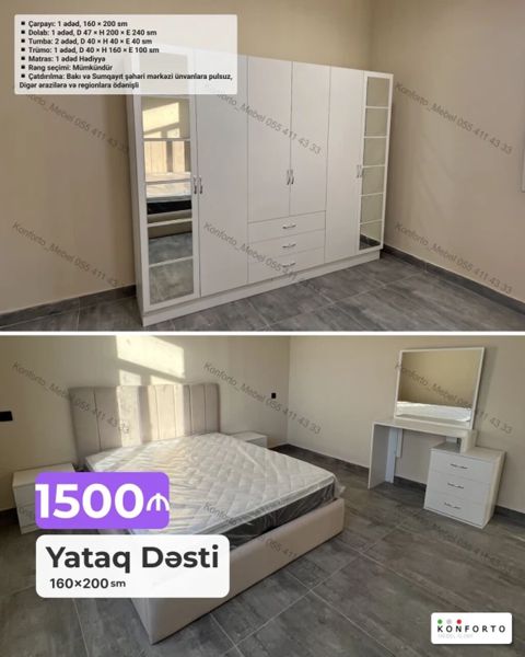 Yataq dəsti – 160×200 sm Komplekt: - Çarpayı: 1 ədəd, 160×200 sm — Bakı