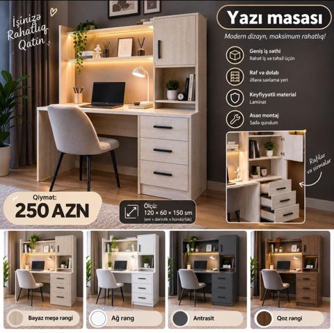 Düz masa, Stulsuz, Polkalı, Siyirməli, Sadə laminat — Kompyuter masaları və kreslolar