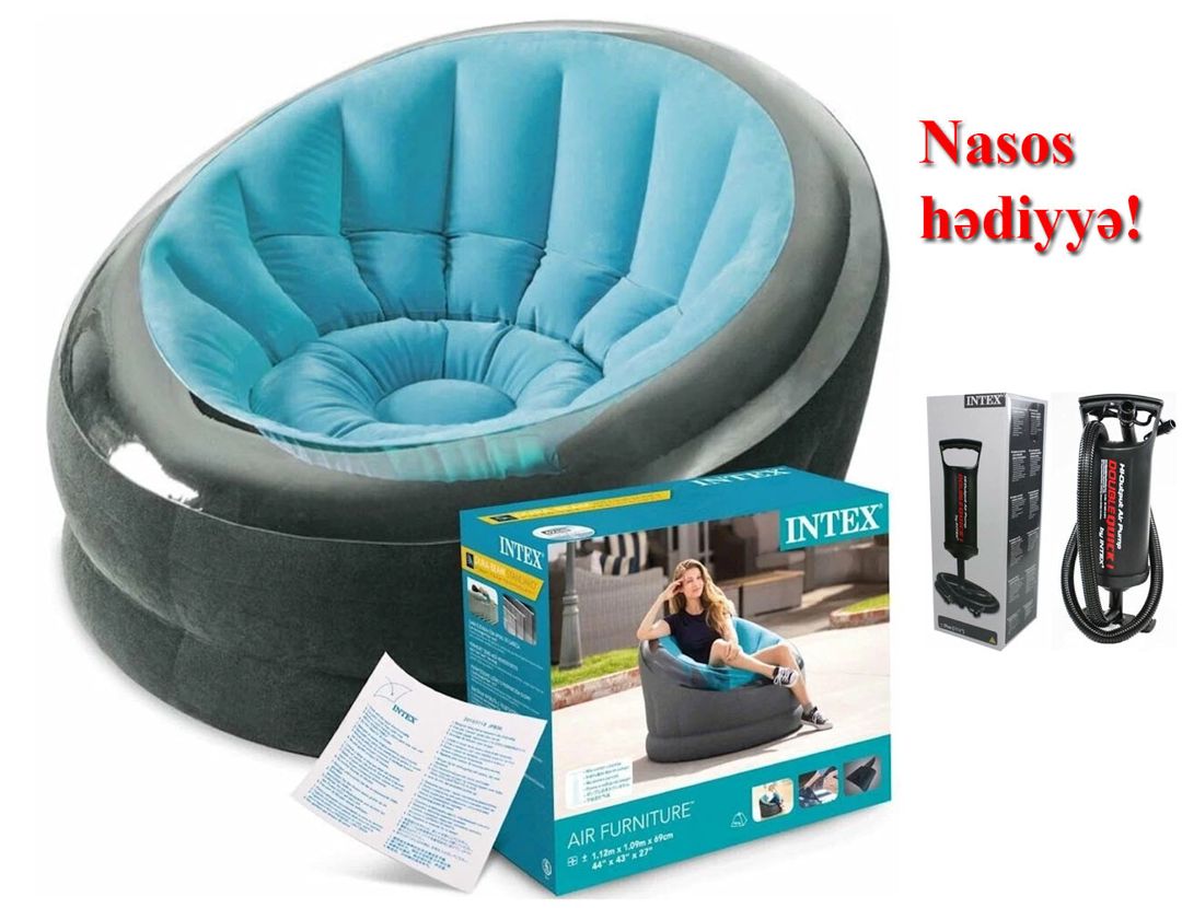 Şişmə kreslo Intex 68584N, göy, 112x109x69 sm + nasos Hediyyə — Mallar, Bakı (2)