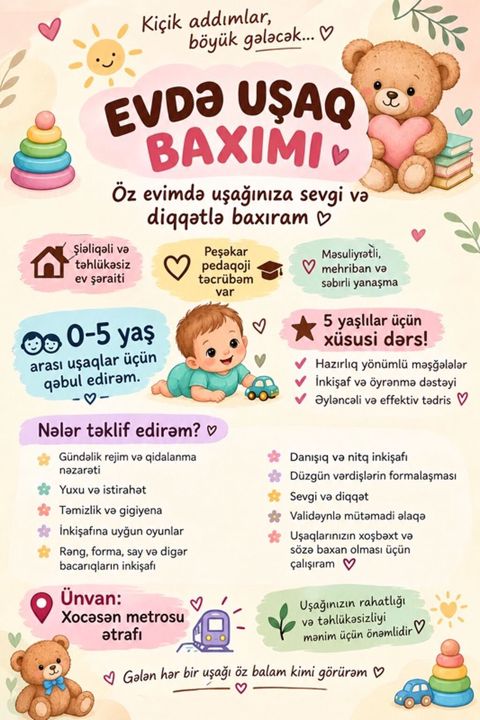 Evdə uşaq baxımı – Xocəsən metrosu yaxınlığı Öz evimdə 0–5 yaş arası — Masazır