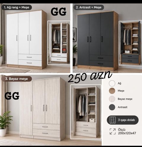 3 qapılı geyim dolabı Rəng seçimləri: - Ağ + Məşe - Antrasit + Məşe — Dolab Taxt Çarpayı Mebel Fabriki ✨Əfsanə.x — Шкафы