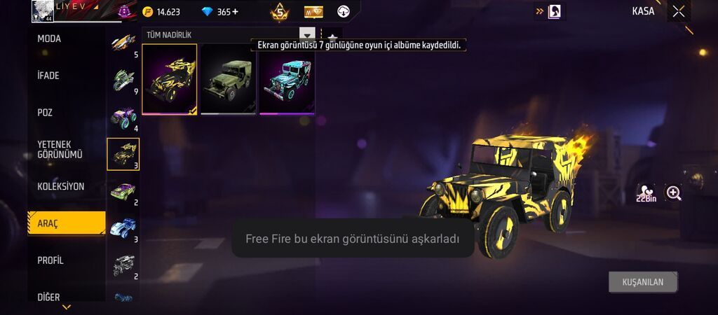 Məhsul: Free Fire oyun hesabında nadir “Aparat/Araç” skin kolleksiyası — Kuzov hissələri, Gəncə (5)