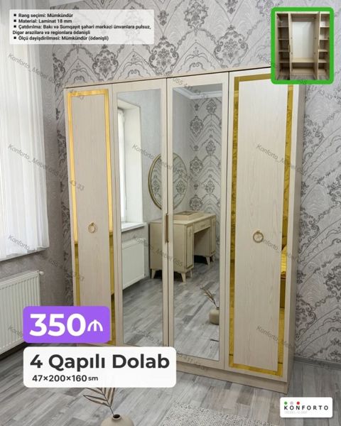 4 qapılı dolab – 47×200×160 sm - Dizayn: İki aynalı orta qapı — Bakı