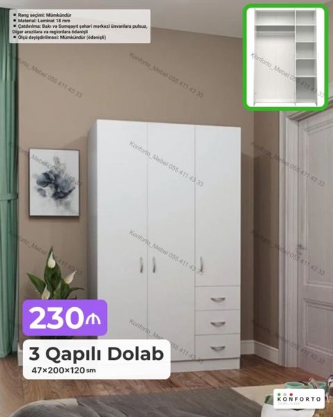 3 qapılı ağ rəngdə geyim dolabı Ölçü: 47×200×120 sm Material: 18 mm — Bakı