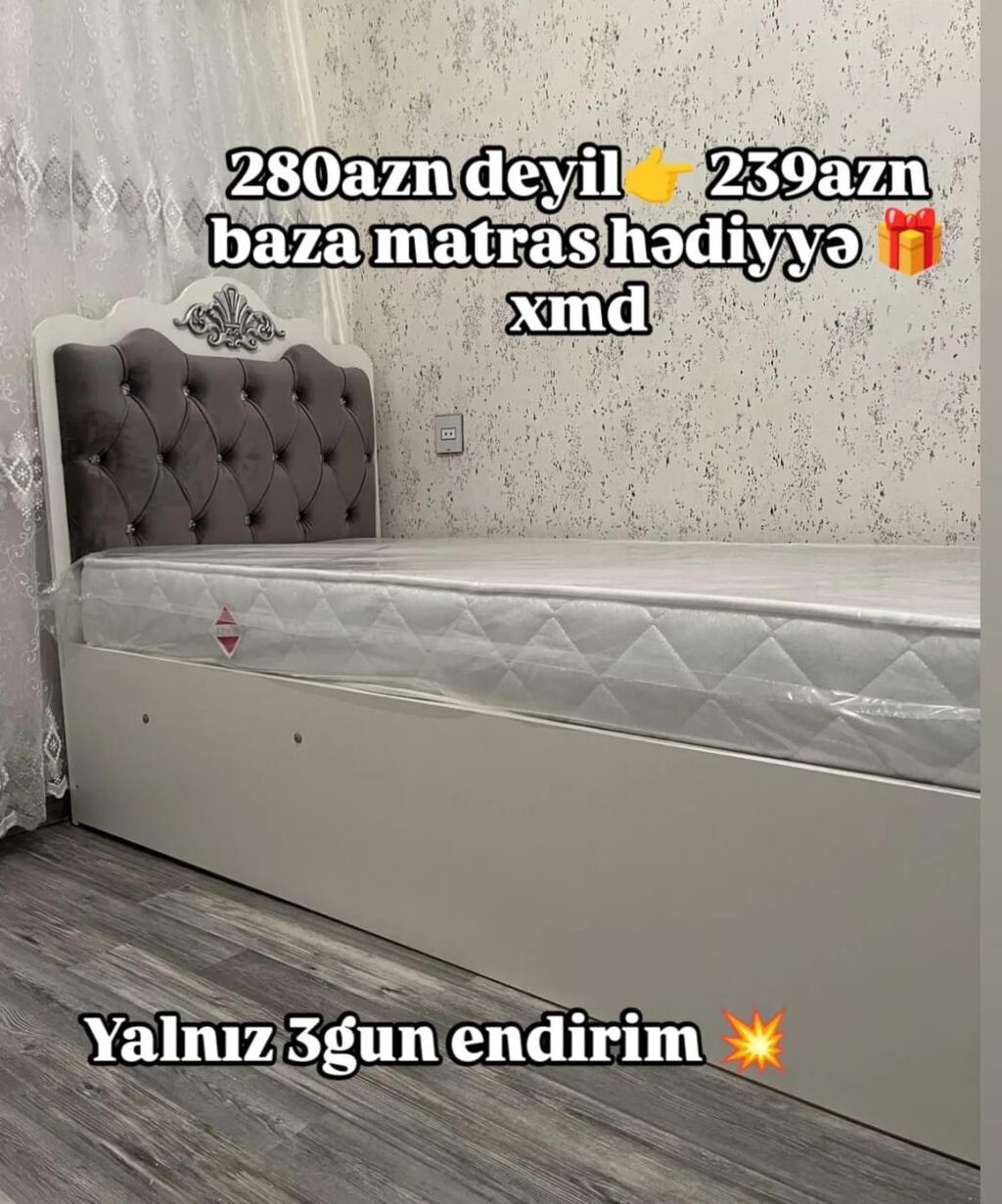 Endirimli tək nəfərlik çarpayı – baza + matras hədiyyə - Ölçü: 90x190 — Yataqlar, Bakı (5)