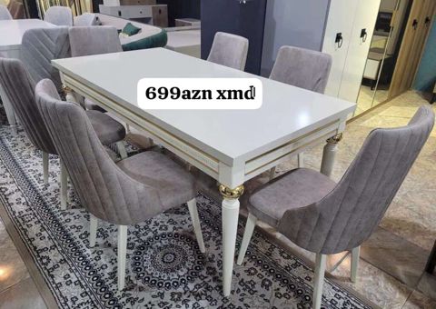 Yemək otağı dəsti – 6 stul + masa - Rəng: ağ masa, boz məxmər tipli — ucuz.mebel — Столы и стулья