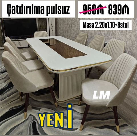 Yemək otağı dəsti – masa və 8 stul - Masa ölçüsü: 2.20 x 1.10 m — Masalar və stullar