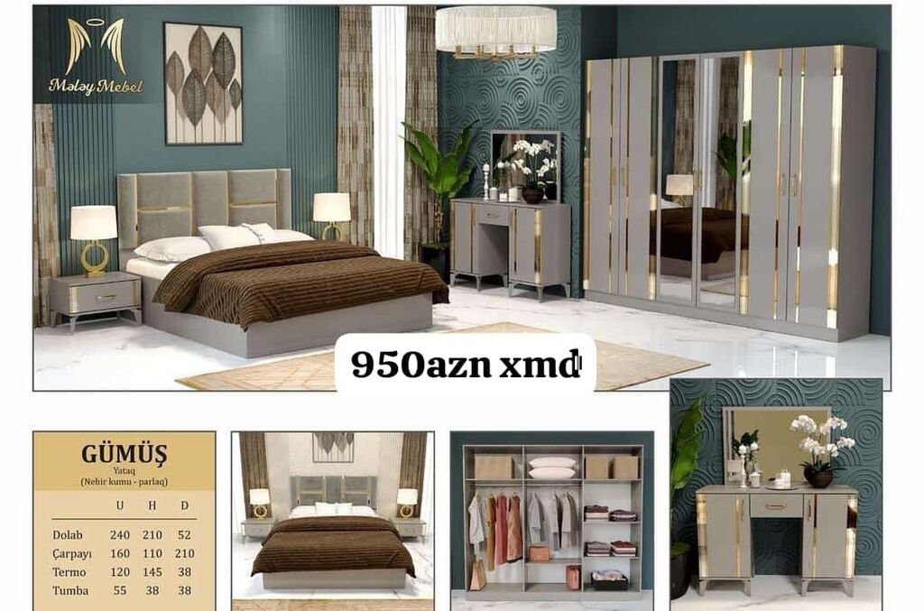 Gümüş Yataq Dəsti – Nehir qum/parlaq Komplekt: - Çarpayı: 160×110×210 — Yataq otağı mobilya dəstləri, Bakı