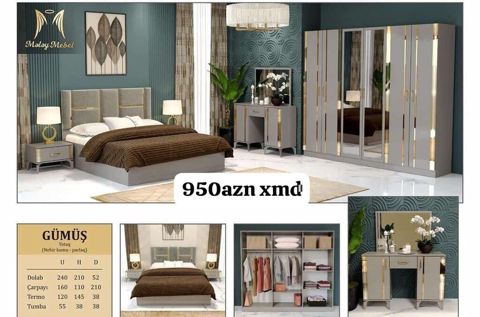 Gümüş Yataq Dəsti – Nehir qum/parlaq Komplekt: - Çarpayı: 160×110×210 — Bakı