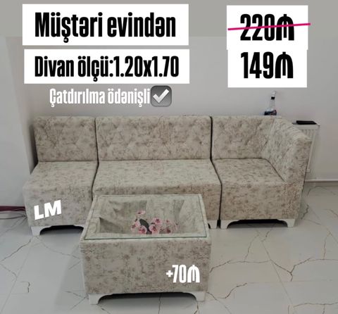 Künc divan və şüşəli masa dəsti - Ölçü (divan): 1.20 x 1.70 m - Rəng — Bakı