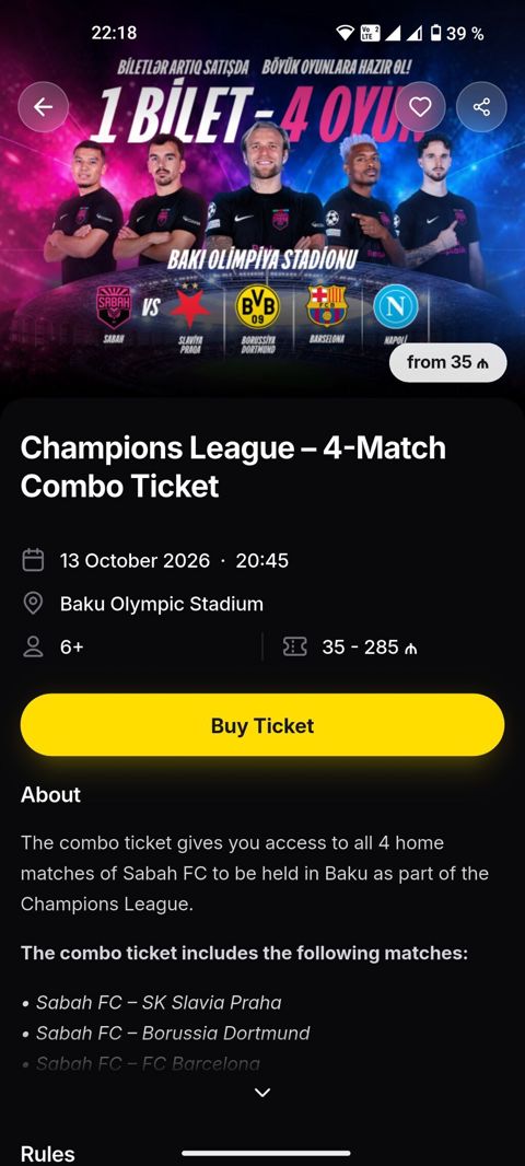 Məhsul: Champions League – 4 oyuna kombinə bilet Təsvir: - 1 bilet — Bakı
