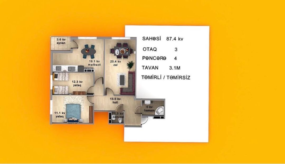 Satılır 3 otaqlı yeni tikili 87.4 m² — Mənzil, Bakı (2)