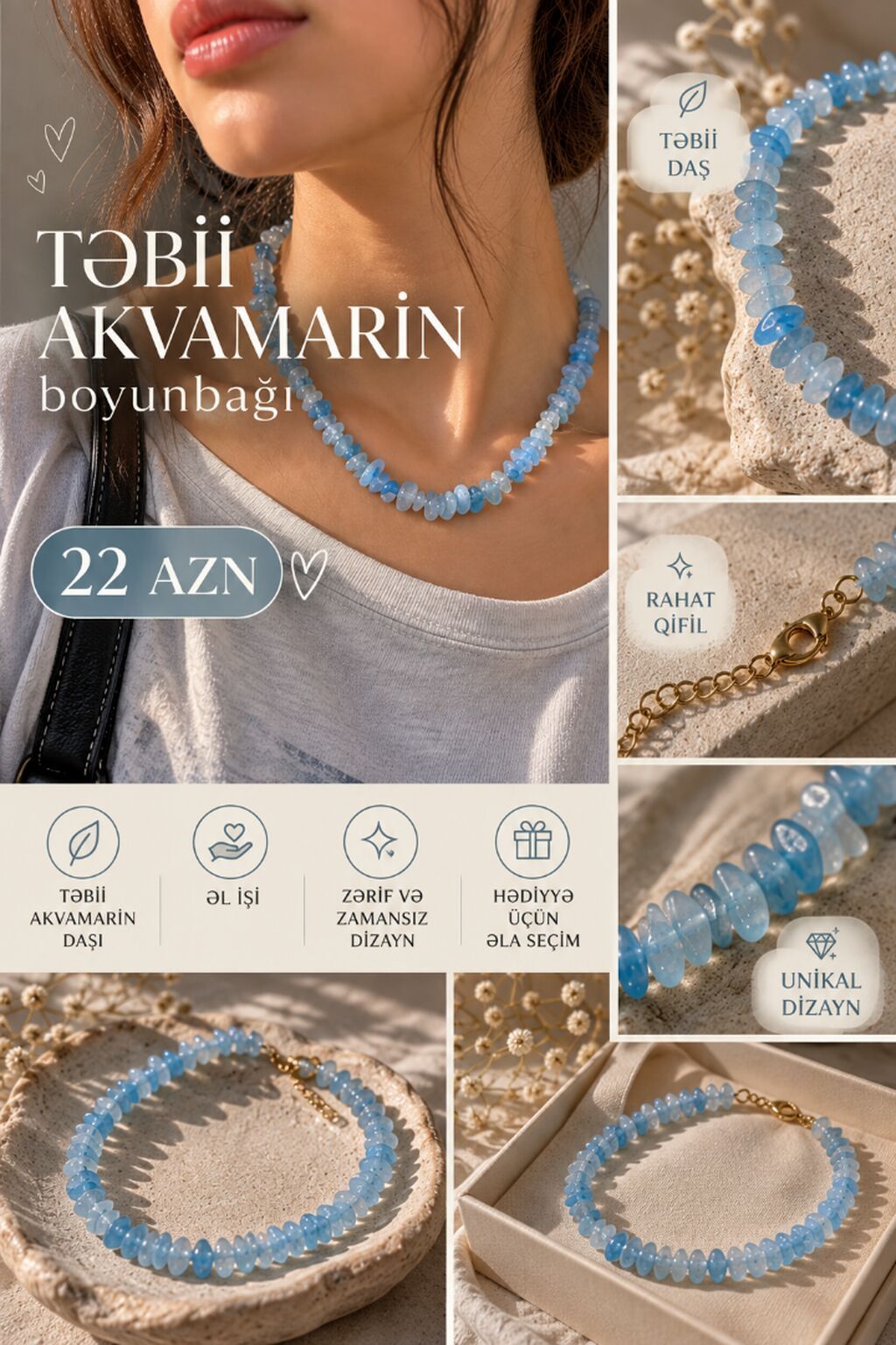 Təbii akvamarin daşından əl işi boyunbağı Təbii akvamarin daşlarından — Qolye və zəncir, Bakı