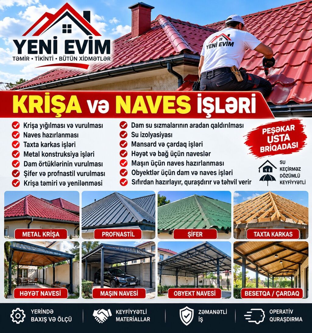 Yeni Evim – Krişa və Naves xidmətləri Təmir Tikinti Bütün — Dam və örtüklər, Xırdalan (4)