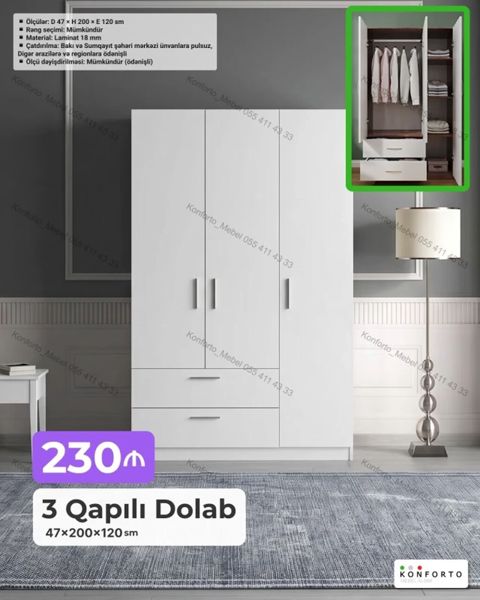 3 qapılı geyim dolabı – 47×200×120 sm - Material: 18 mm laminat — Bakı