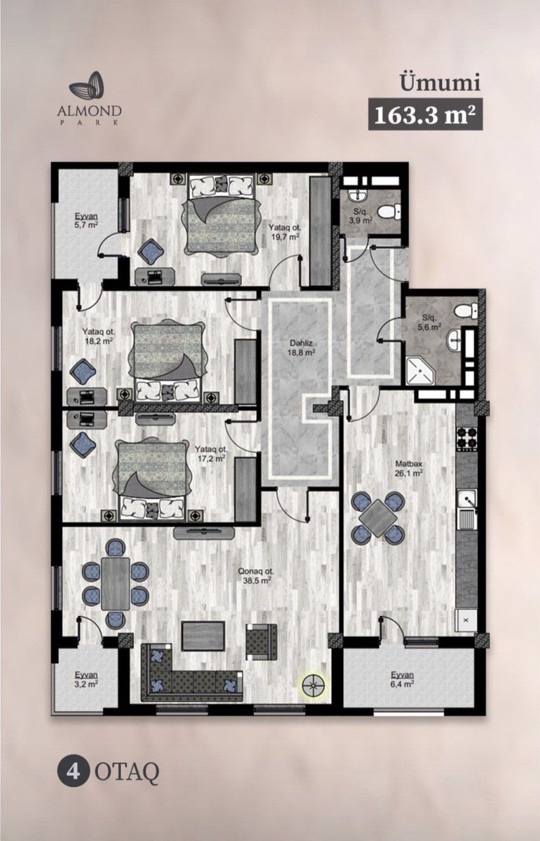 Satılır 4 otaqlı yeni tikili 163.3 m² — Mənzil, Bakı (2)