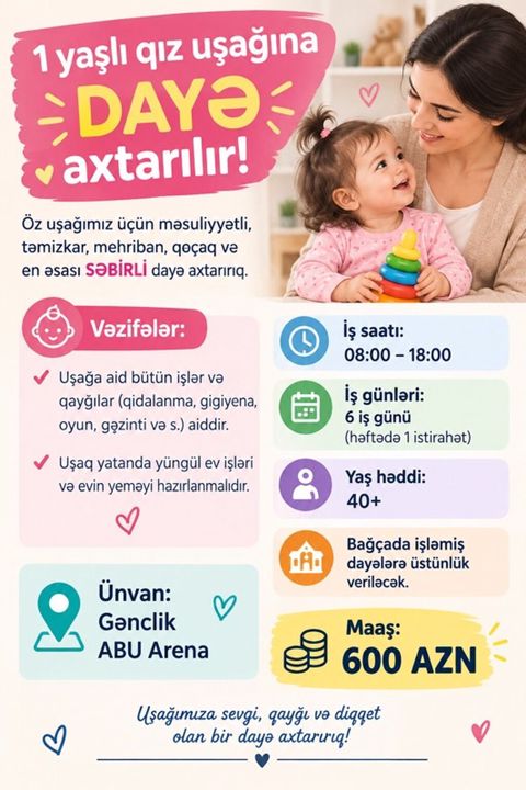 Dayə tələb olunur, 46 yaşdan yuxarı, 6/1 — Bakı