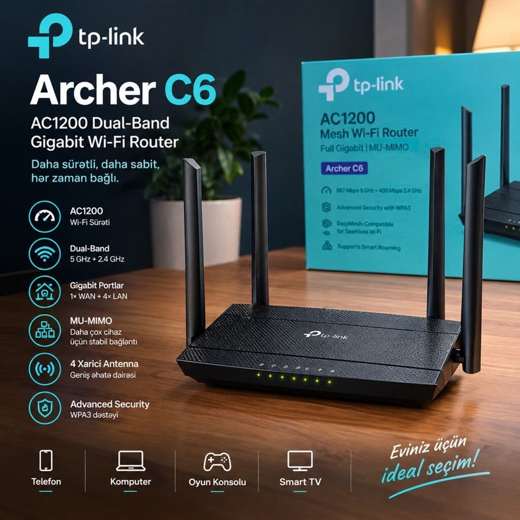 TP-Link Archer C6 – AC1200 Mesh Wi‑Fi Router (Full Gigabit, Mu‑mımo) — Şəbəkə və server avadanlığı, Bakı
