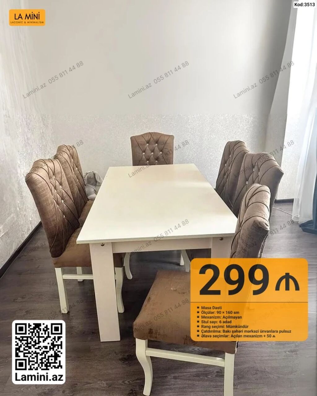 Məhsul: Masa dəsti (Kod: 3513) Tərkib: - 1 ədəd yemək masası - 6 ədəd — Masalar və stullar, Bakı