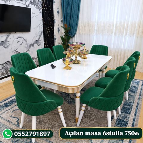 Açılan yemək masası və 6 stul dəsti - Masa: Parlaq ağ üst səth, yumru — Bakı