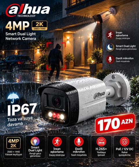 Dahua 4MP PoE Kamera – Mikrofon, Rəngli Gecə Görüntüsü — Bakı