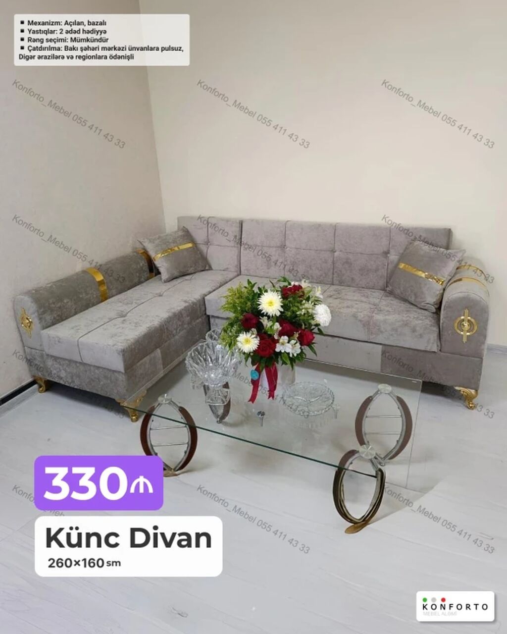 Künc divan – 260×160 sm - Mexanizm: açılan, bazalı (yatacaq — Divanlər, Bakı