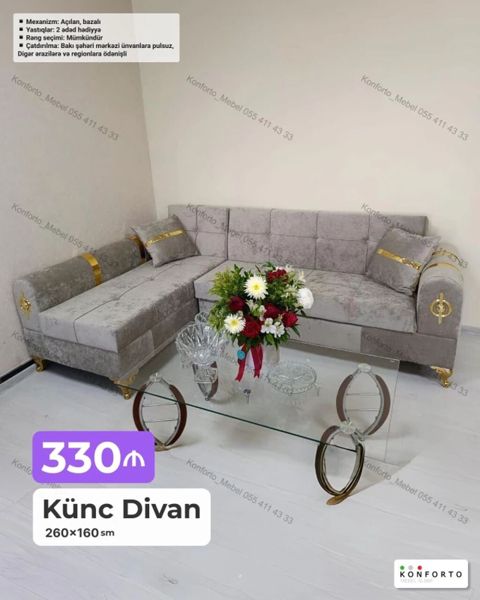 Künc divan – 260×160 sm - Mexanizm: açılan, bazalı (yatacaq — Bakı