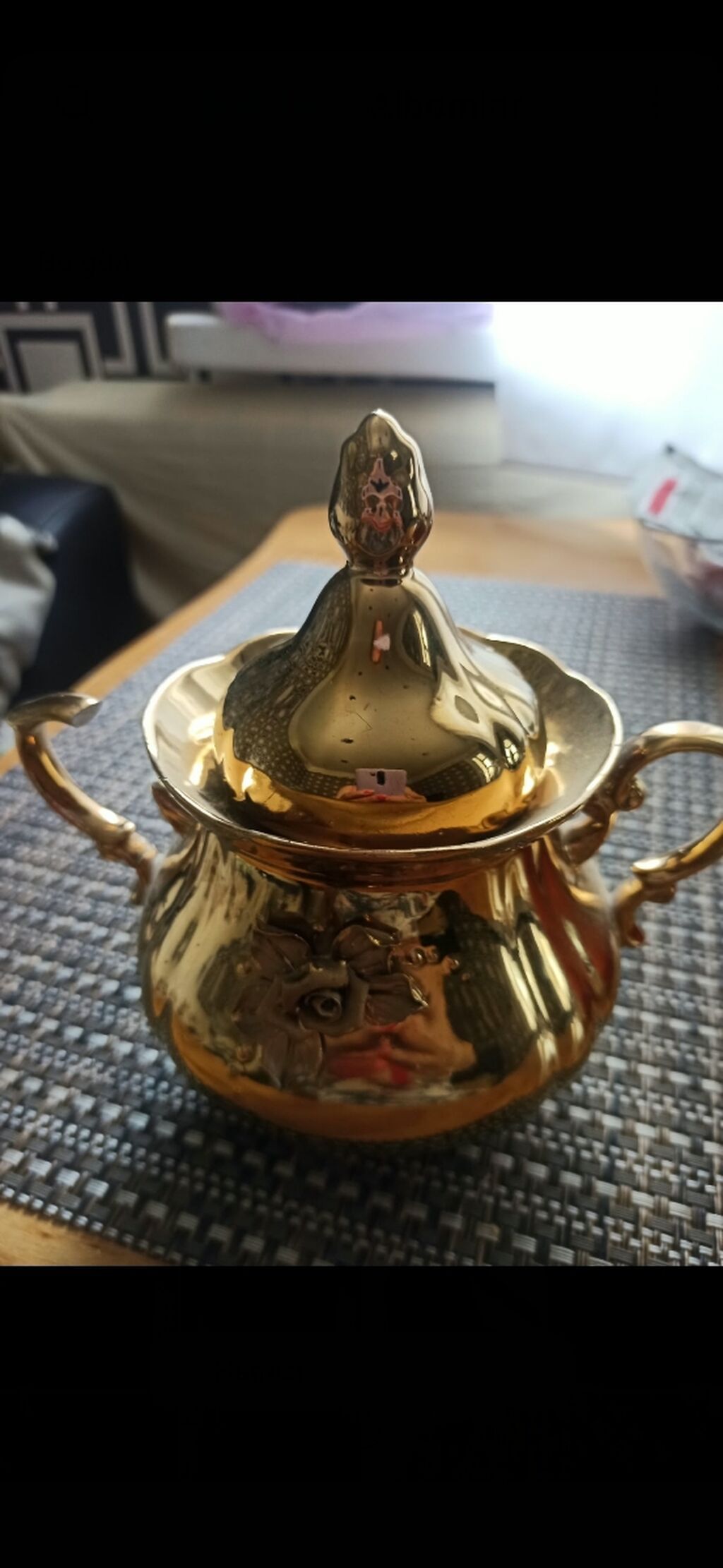 Qapaqlı bəzəkli şəkərqabı – metal, qızılı rəng - Material: metal — Süfrə qabı, Sumqayıt (2)