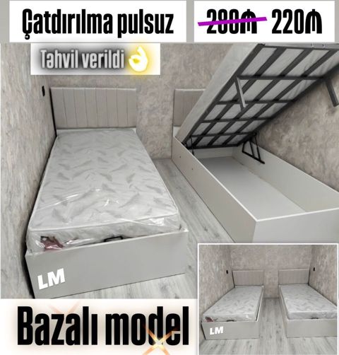 Bazalı tək nəfərlik çarpayı modeli - Rəng: açıq boz - Başlıq: yumşaq — Sumqayıt