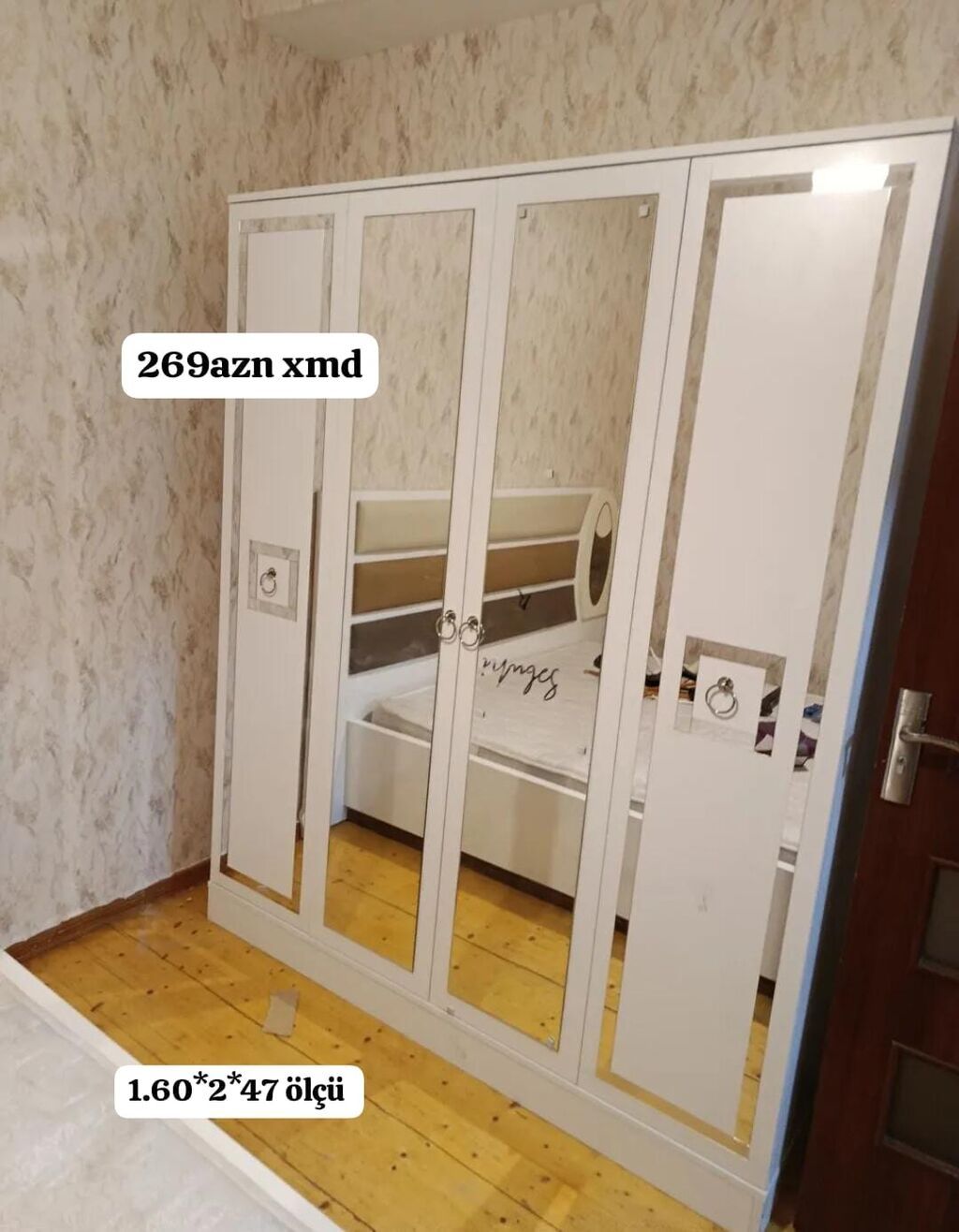 Ağ rəngli, güzgülü paltar dolabı - Ön hissədə 4 ədəd böyük güzgü — Şkaflar, Bakı