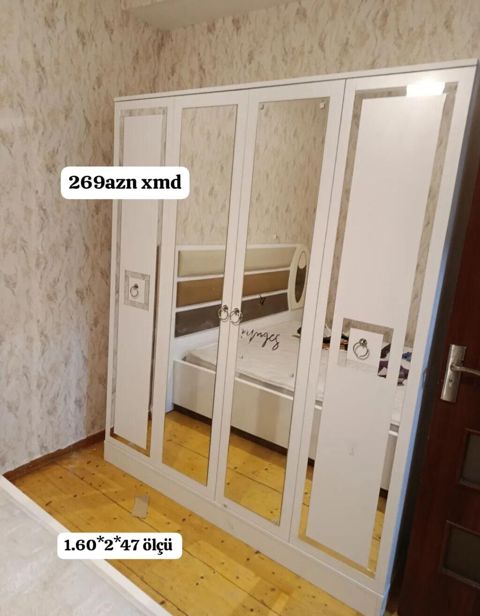 Ağ rəngli, güzgülü paltar dolabı - Ön hissədə 4 ədəd böyük güzgü — Bakı