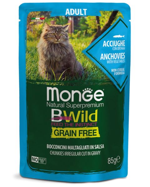 Nəm yem Monge Cat BWild Grain Free Anchovies, yetkin pişiklər üçün ançous və tərəvəzlər ilə, 85 q — Bakı