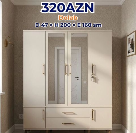 Yeni, 4 qapılı, Güzgülü, Bej, Açılan, Düz dolab — Bakı