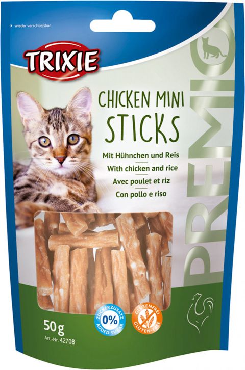 Məzələr pişiklər üçün Trixie Premio Chicken Mini Sticks toyuq və düyü ilə 50 q — Bakı