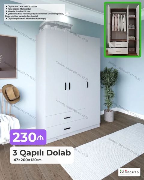 3 qapılı geyim dolabı - Ölçülər: 47 200 120 sm - Material: 18 mm — Bakı
