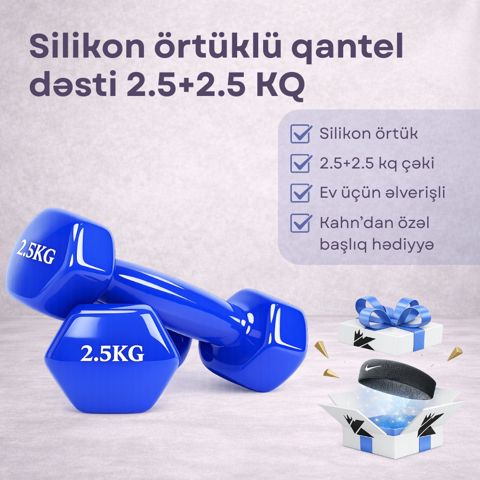 Silikon örtüklü qantel dəsti 2.5 kqx2 ədəd, mavi + hədiyyə Baş bandı — Bakı