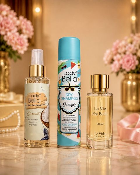 No Brand qadınlar üçün ətir dəsti (saç spreyi Coconut 100 ml + quru şampun Summer 200 ml + No Brand La Vie Est Belle ətir suyu 20 ml) — Bakı