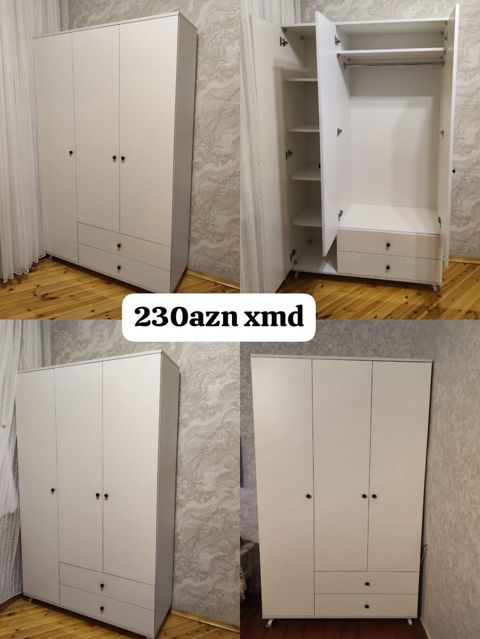 Ağ rəngli 3 qapılı geyim dolabı - Minimalist dizayn, hamar səth və — Bakı